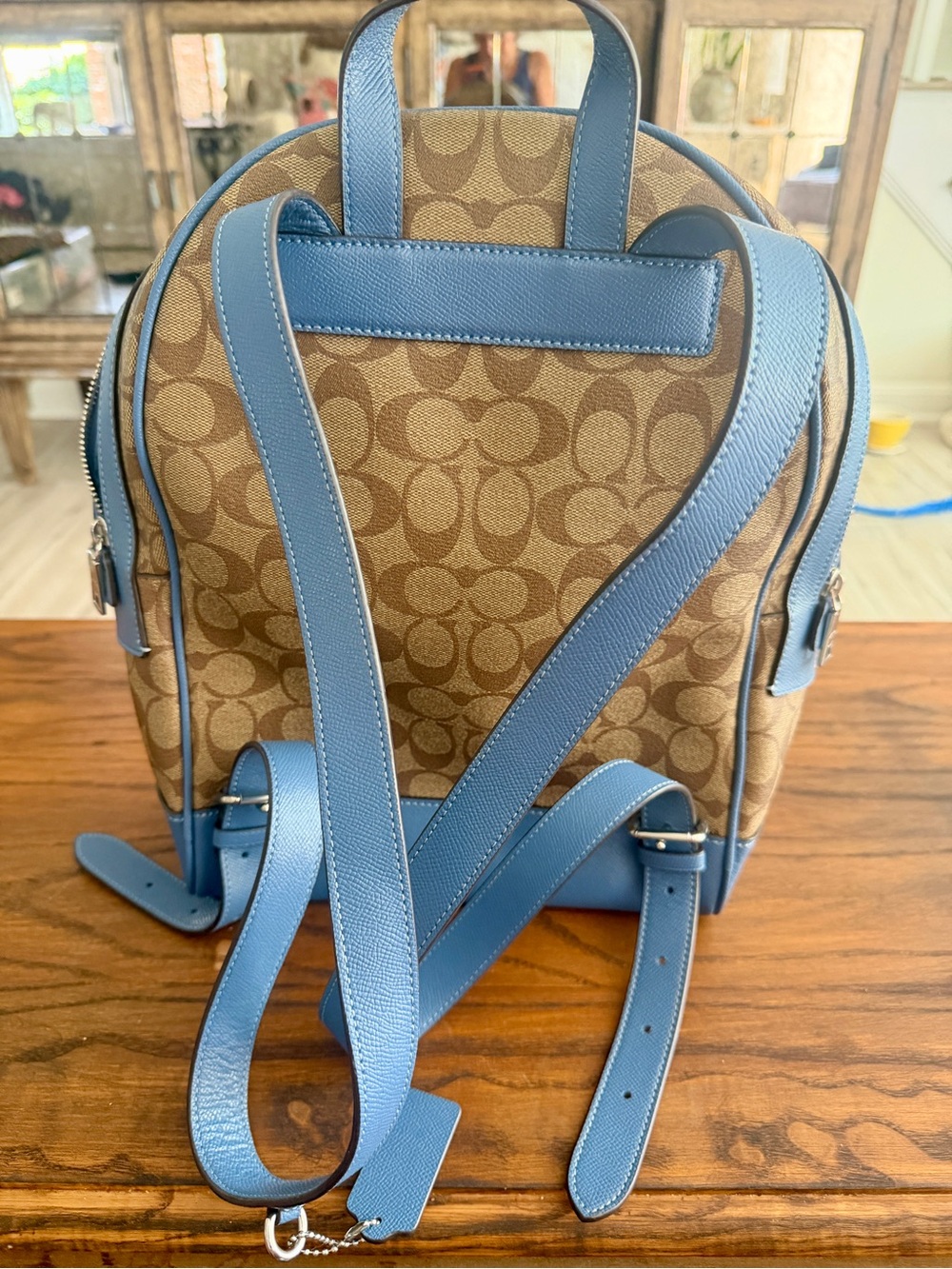 Coach Brown Signature Canvas Backpack with Blue Trim - Picture 2 of 5